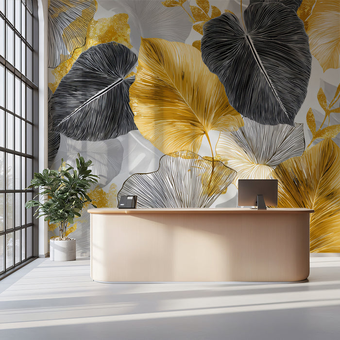 Gilded Tropical Leaf Mural Wallpaper | Abstract Gold, Black & Gray Foliage