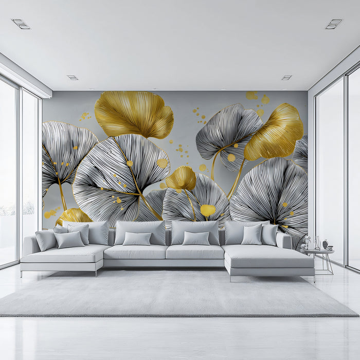 Gilded Round Leaf Mural Wallpaper | Abstract Gold & Monochrome Foliage