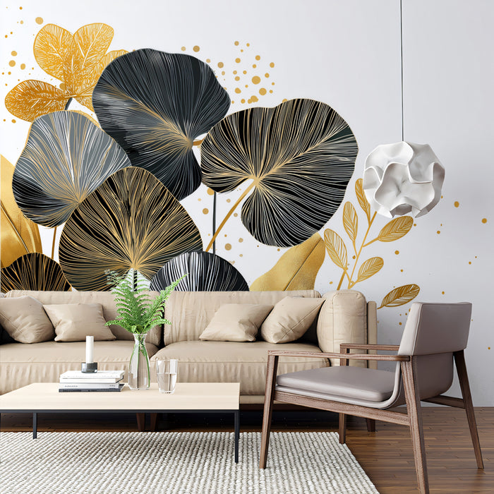 Gilded Tropical Foliage Mural Wallpaper | Abstract Gold, Black & White
