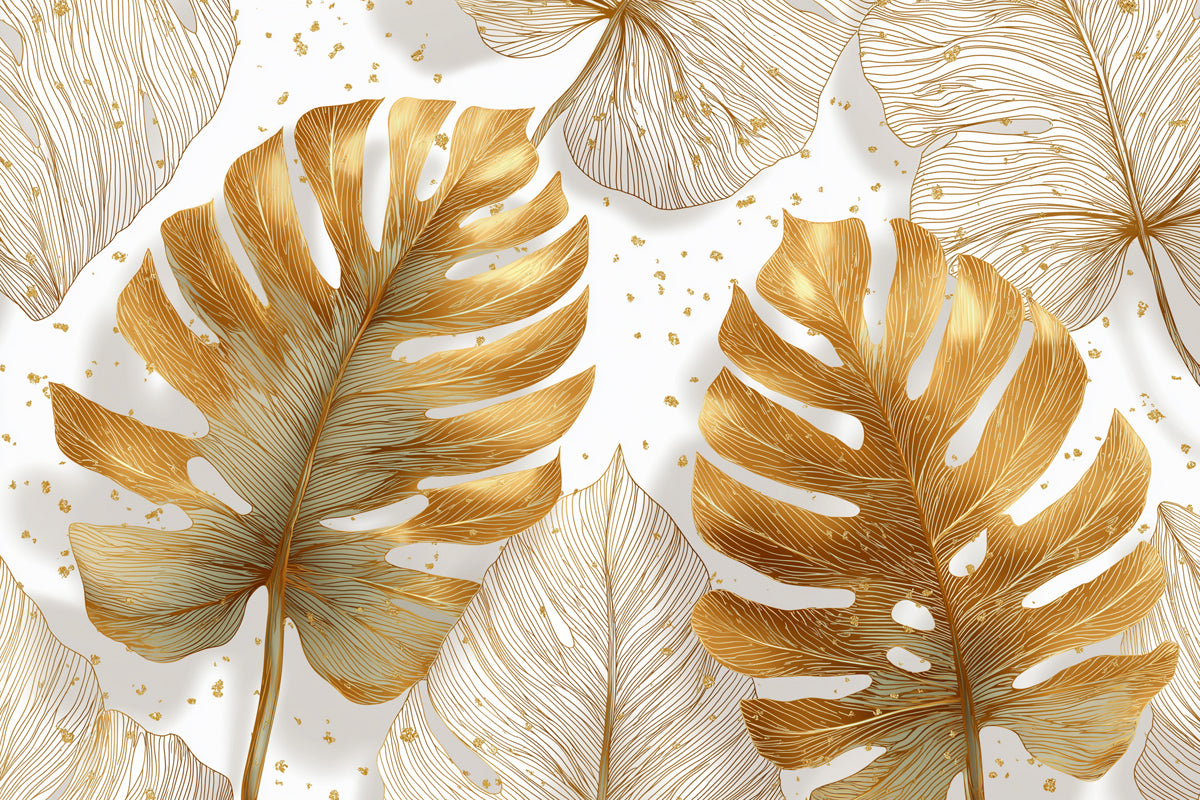 Gilded Monstera Leaf Mural Wallpaper | Gold & Monochrome Foliage