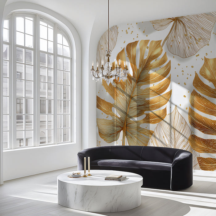 Gilded Monstera Leaf Mural Wallpaper | Gold & Monochrome Foliage