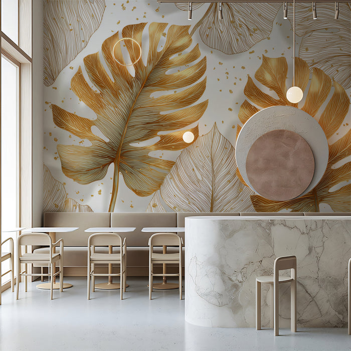 Gilded Monstera Leaf Mural Wallpaper | Gold & Monochrome Foliage
