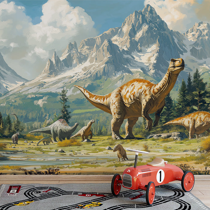 Realistic Dinosaur Mural Wallpaper in Playroom | Various Colors (Brown, Green, Blue, etc.) of Dinosaur