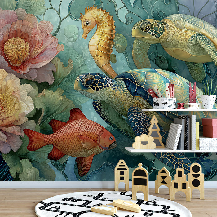 Abstract Undersea World Mural Wallpaper | Whimsical Sea Turtles & Fish