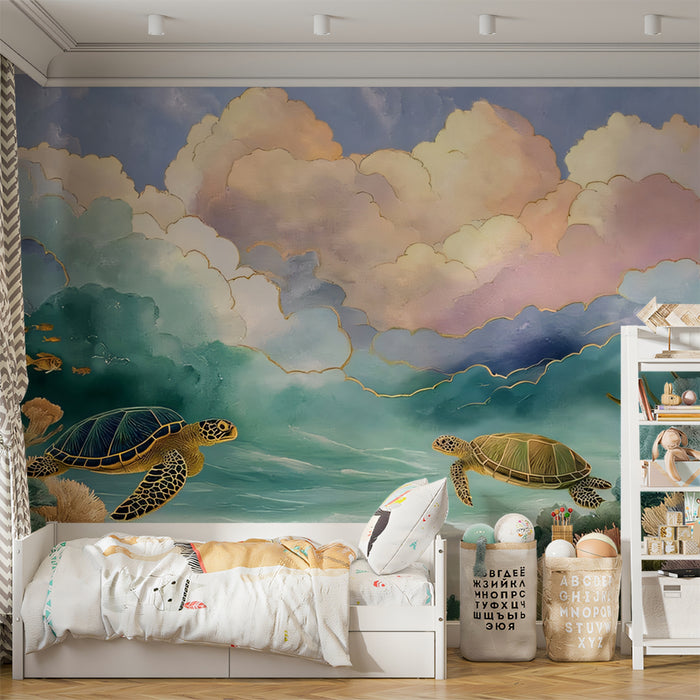 Ethereal Undersea Mural Wallpaper | Sea Turtles & Floating Clouds