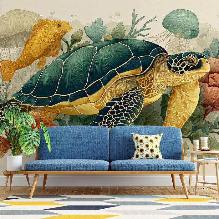 Underwater Fantasy Mural Wallpaper | Sea Turtle & Fish in Coral
