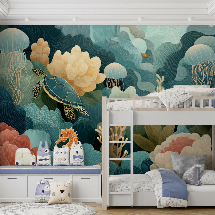 Magical Undersea Mural Wallpaper | Sea Turtle & Flowers