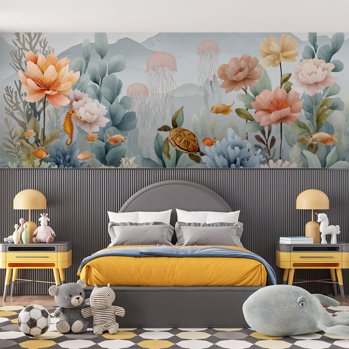 Ethereal Undersea Floral Mural Wallpaper | Sea Turtle & Jellyfish