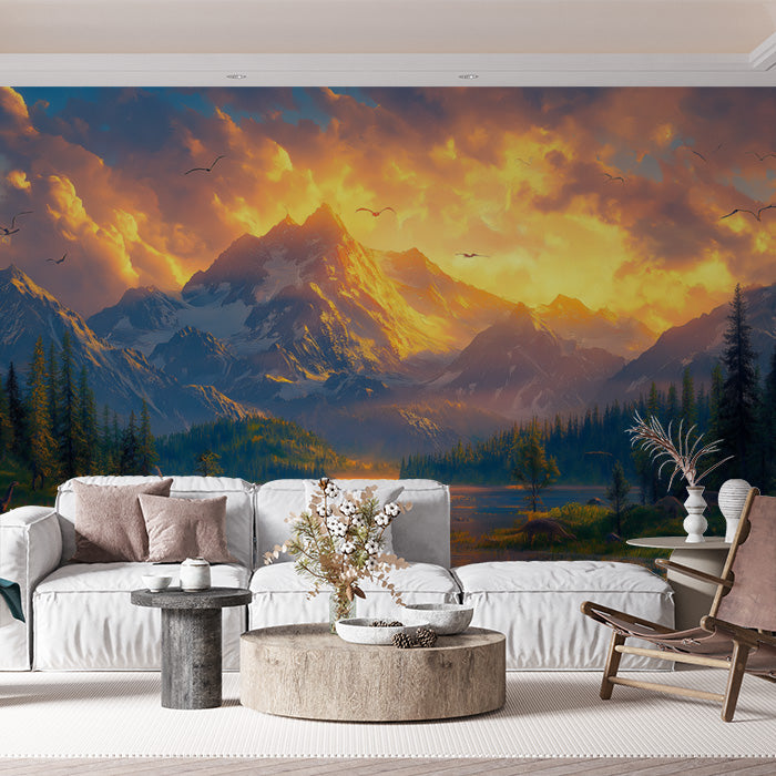 Sunset Mountain Mural Wallpaper in Living Room | Orange, Yellow, Blue, and Various Colors of Sunset Mountain