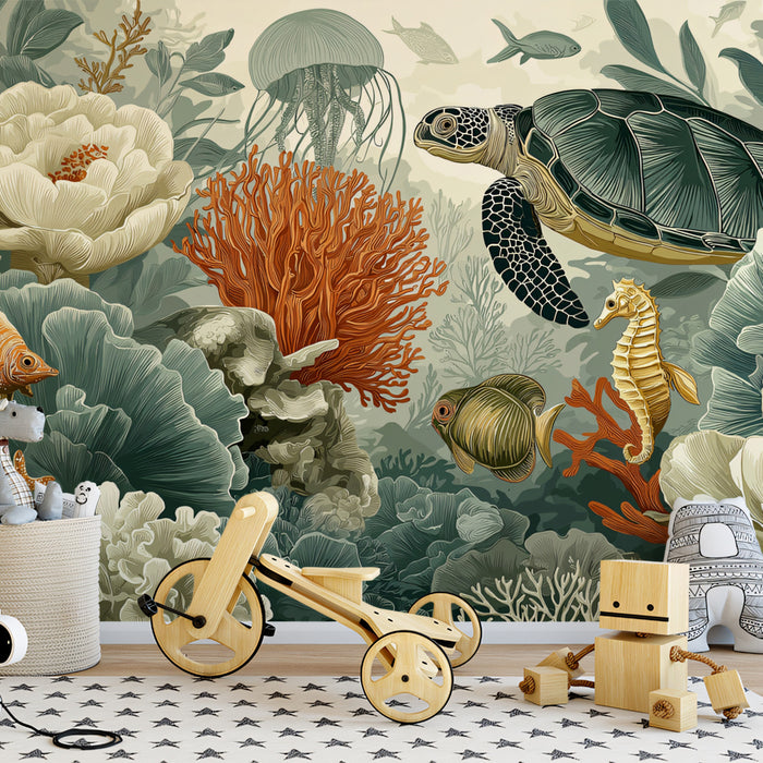 Whimsical Underwater Coral Reef Mural Wallpaper | Marine Life & Floral Fusion