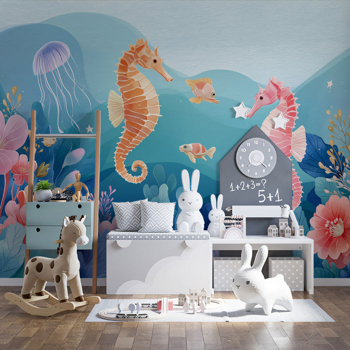 Whimsical Pastel Seahorse Mural Wallpaper | Ocean Nursery Wall Art