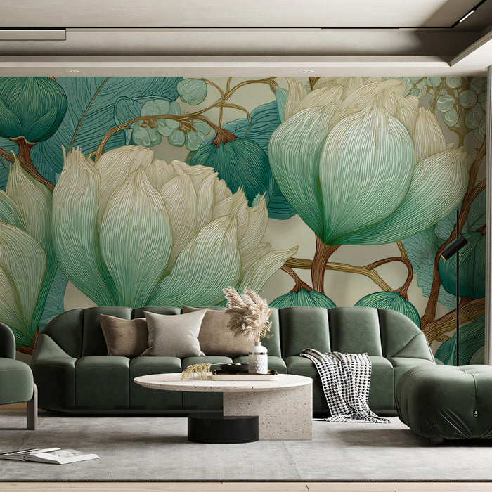 Modern Abstract Floral Mural Wallpaper | Elegant Lotus Bloom Pattern