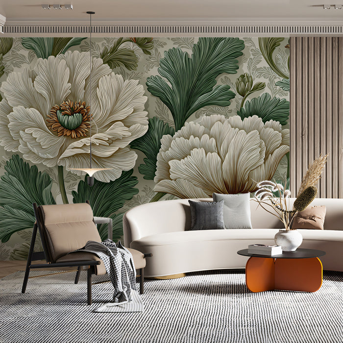 Vintage Peony Floral Mural Wallpaper | Elegant Botanical Pattern