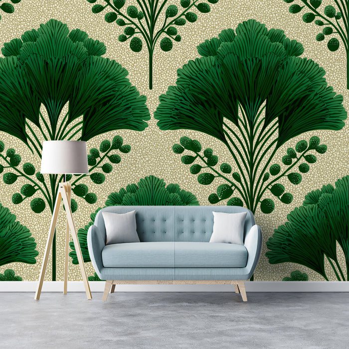 Art Deco Gingko Leaf Mural Wallpaper | Mid-Century Geometric Botanical Pattern