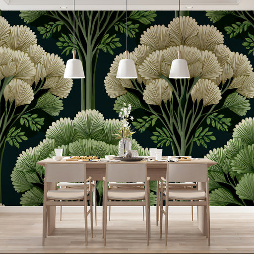 Dining area with a large floral mural on the wall.