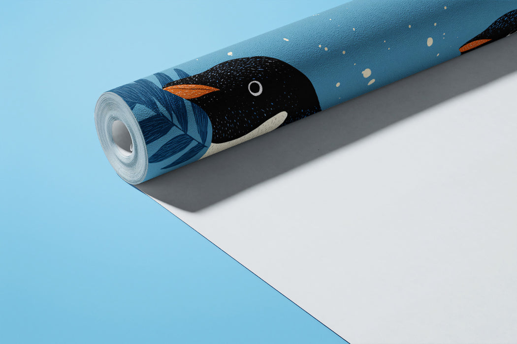 Roll of wallpaper with a penguin design on a blue and gray background