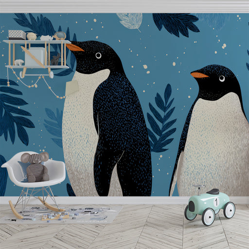 Two penguins on a wall with a child's chair, toys, and a toy car in front.