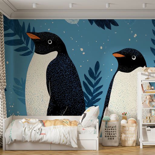 Children's room with penguin-themed wallpaper and bedding.