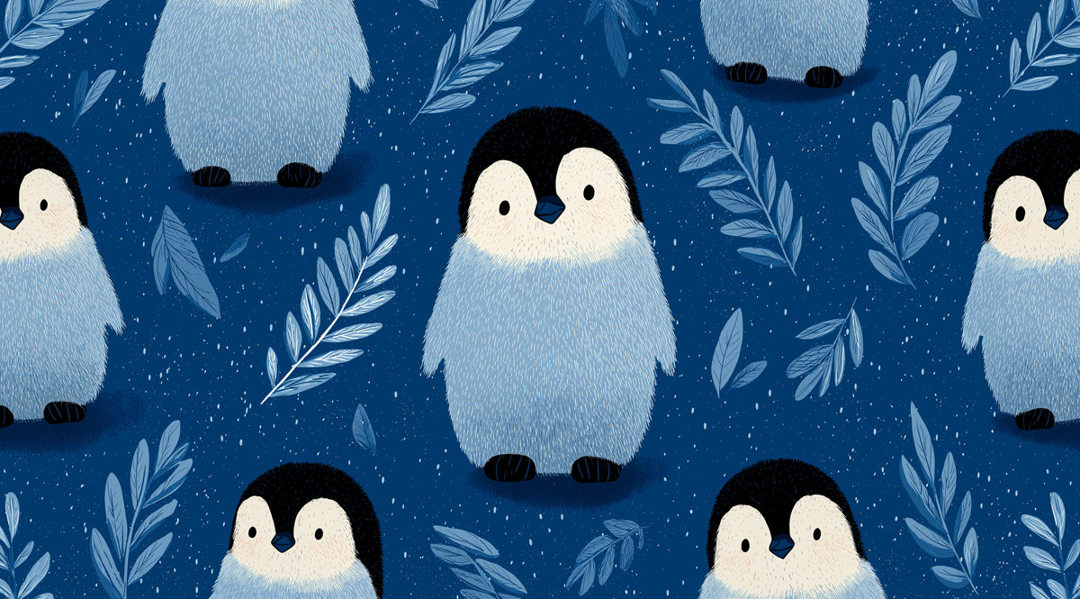 Cute Baby Penguin Mural Wallpaper | Dark Blue Kids Room Pattern