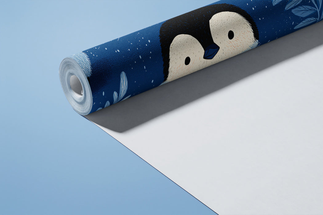 Cute Baby Penguin Mural Wallpaper | Dark Blue Kids Room Pattern