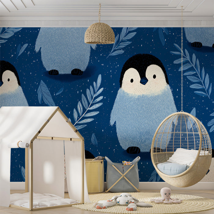 Cute Baby Penguin Mural Wallpaper | Dark Blue Kids Room Pattern
