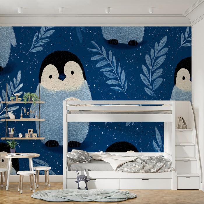 Cute Baby Penguin Mural Wallpaper | Dark Blue Kids Room Pattern