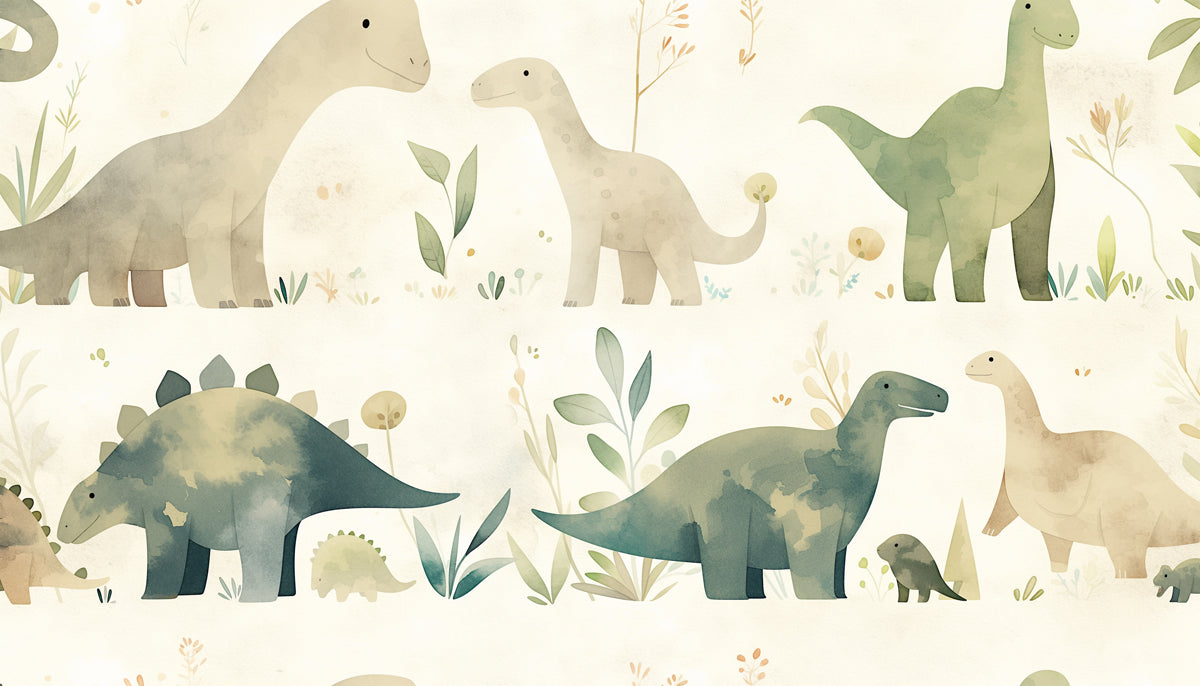Watercolor Dinosaur Mural Wallpaper in Bedroom | Beige, Green, and Various Pastel Colors of Dinosaurs