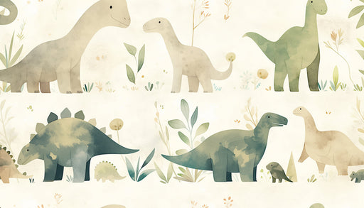 Watercolor Dinosaur Mural Wallpaper in Bedroom | Beige, Green, and Various Pastel Colors of Dinosaurs