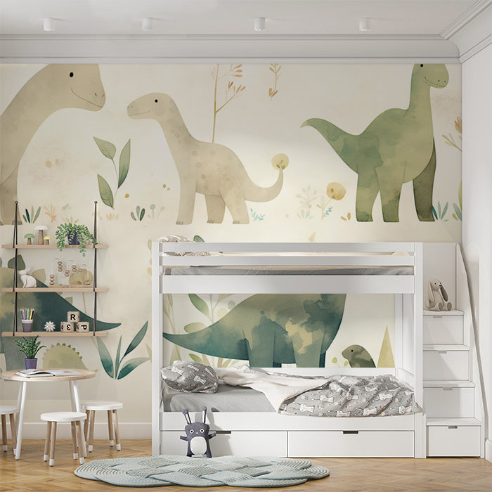 Watercolor Dinosaur Mural Wallpaper in Bedroom | Beige, Green, and Various Pastel Colors of Dinosaurs