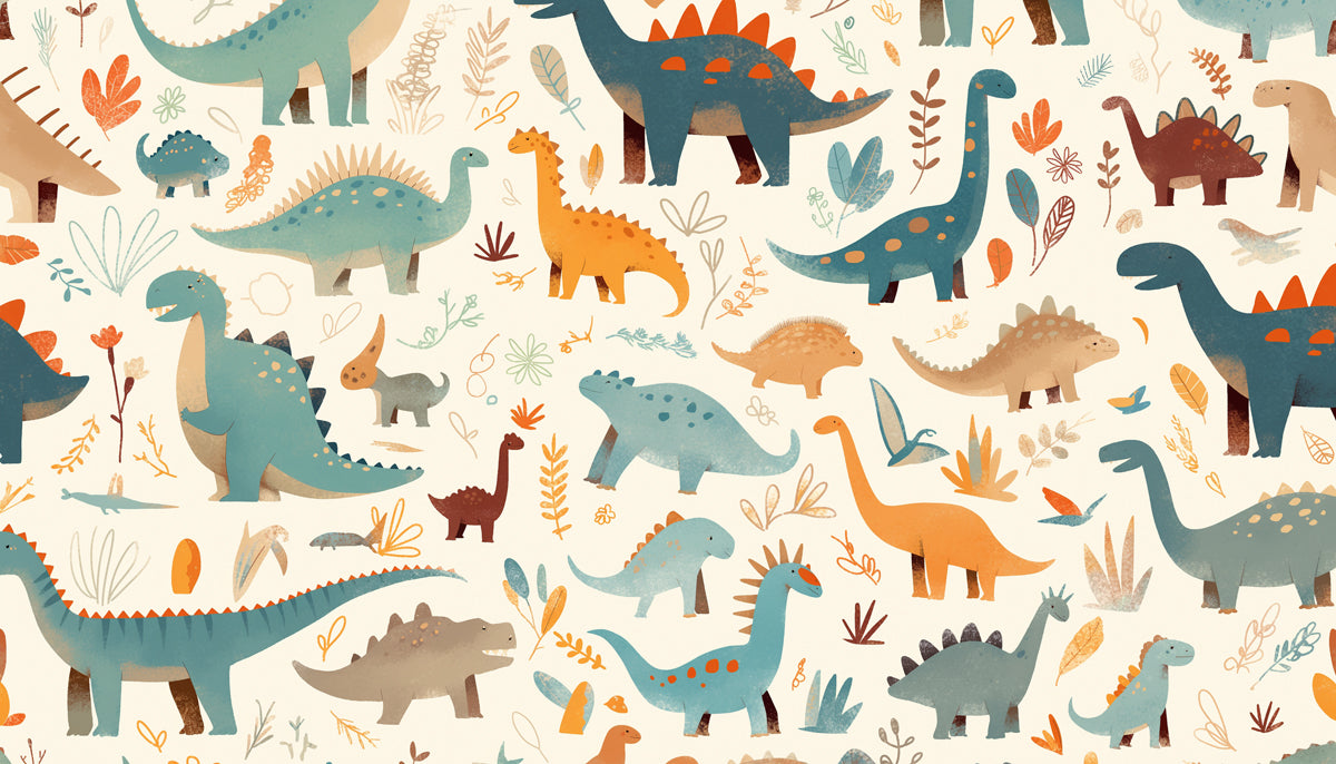 Watercolor Dinosaur Mural Wallpaper in Bedroom | Beige, Green, and Various Pastel Colors of Dinosaurs