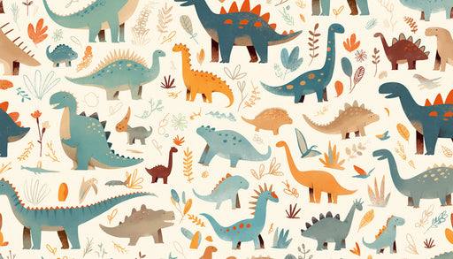 Watercolor Dinosaur Mural Wallpaper in Bedroom | Beige, Green, and Various Pastel Colors of Dinosaurs