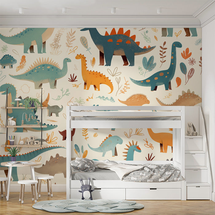 Watercolor Dinosaur Mural Wallpaper in Bedroom | Beige, Green, and Various Pastel Colors of Dinosaurs