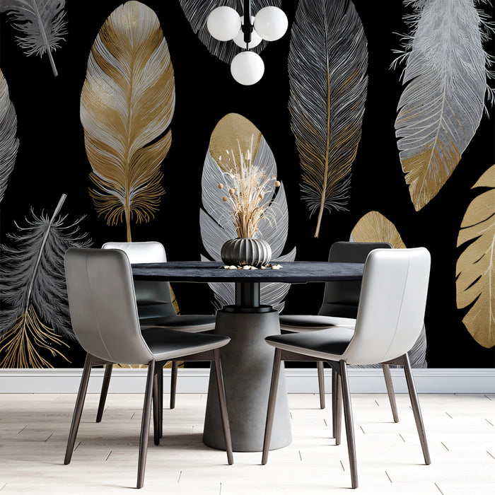 Modern Feather Pattern Mural Wallpaper | Black & Gold Luxury
