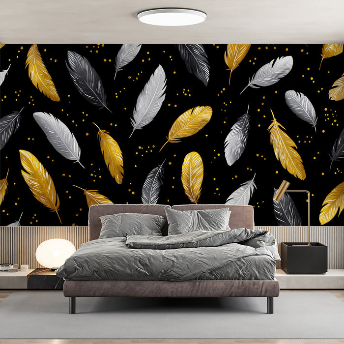 Elegant Feather Pattern Mural Wallpaper | Black & Gold Luxury