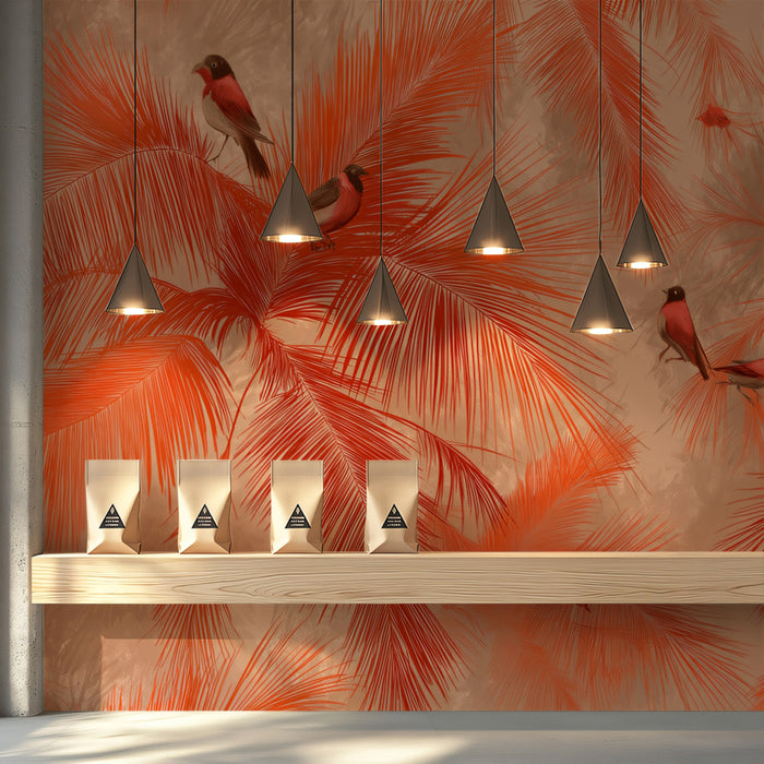 Tropical Bird Mural Wallpaper | Warm Palm Leaves & Red Finch