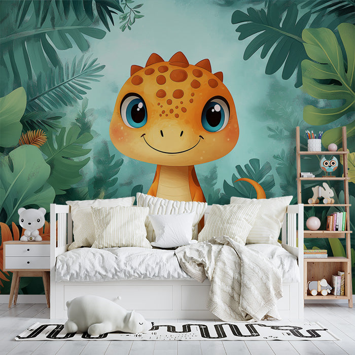 Cute Dinosaur in Jungle Mural Wallpaper in Bedroom | Green, Orange, and Various Colors of Dinosaur