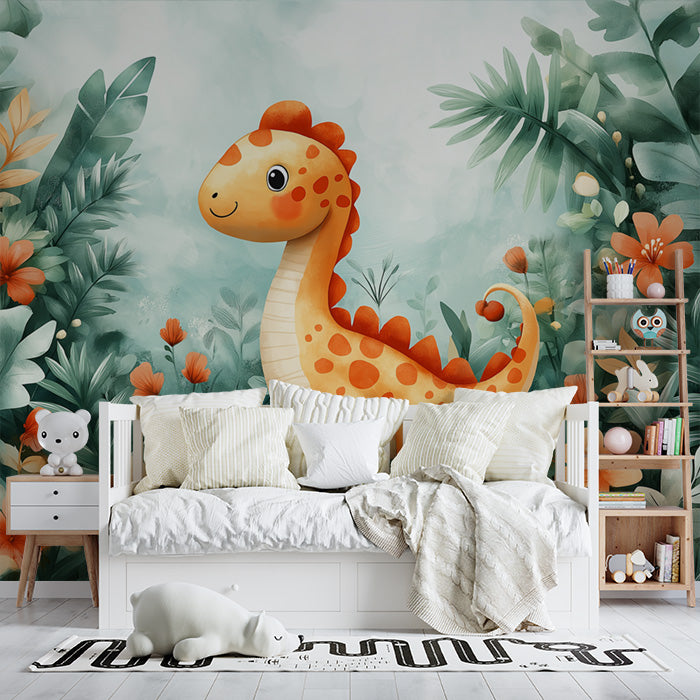 Cute Dinosaur in Jungle Mural Wallpaper in Bedroom | Green, Orange, and Various Colors of Dinosaur