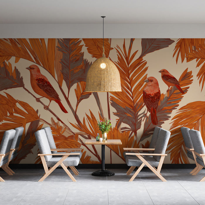 Tropical Mural Wallpaper | Rust-Toned Birds & Leaves