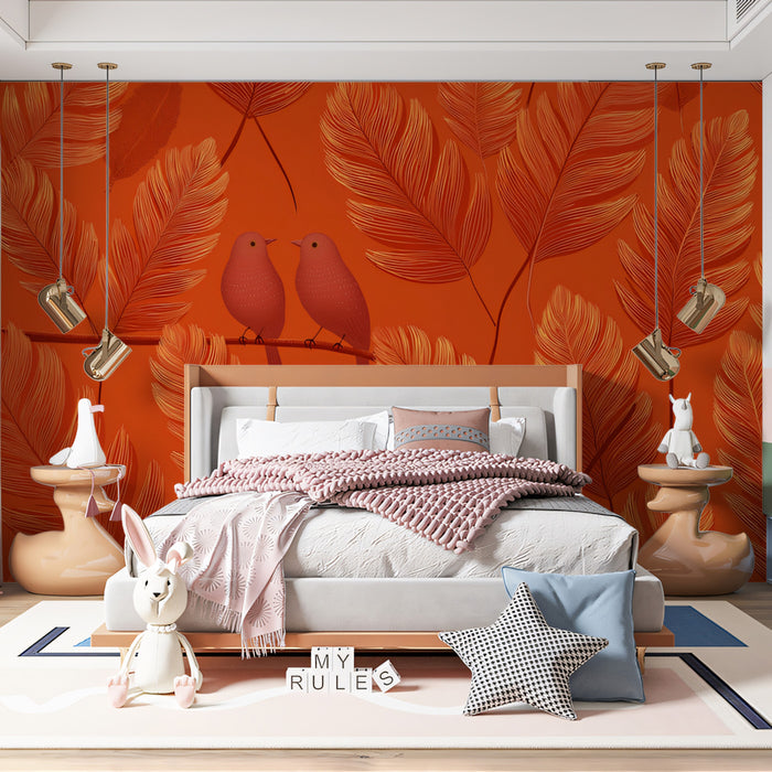 Warm Tropical Birds Mural Wallpaper | Rust-Toned Botanical Art