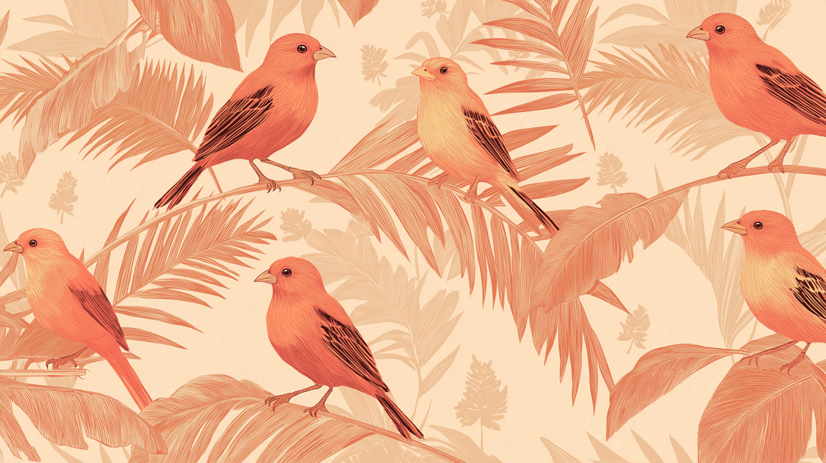 Classic Tropical Birds Mural Wallpaper | Warm Coral & Green Print