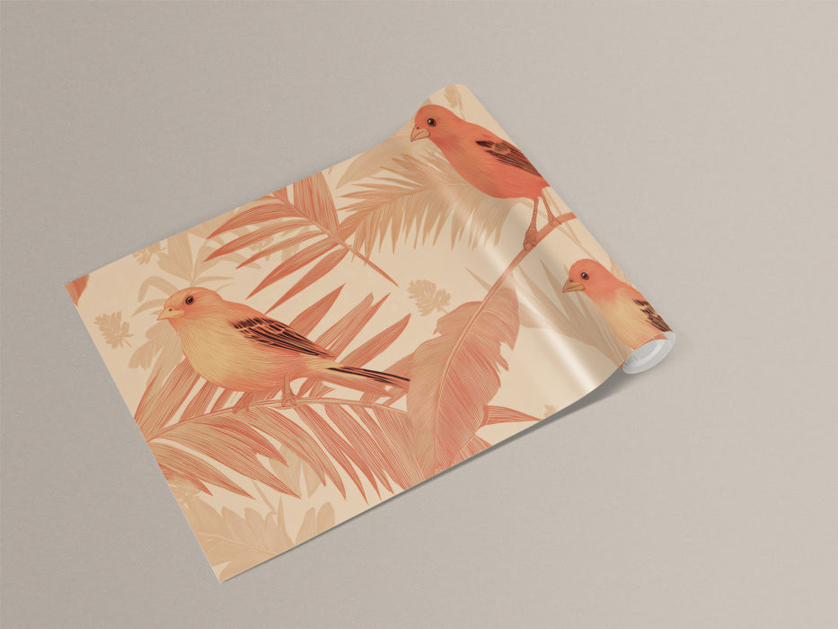 Classic Tropical Birds Mural Wallpaper | Warm Coral & Green Print