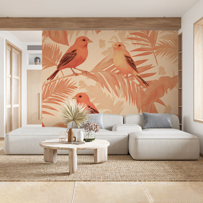 Classic Tropical Birds Mural Wallpaper | Warm Coral & Green Print