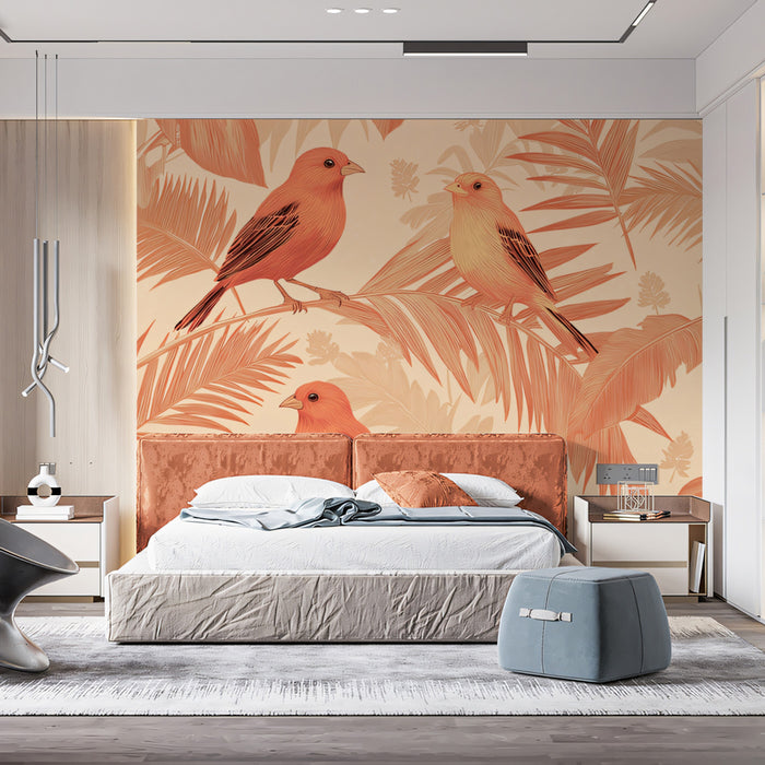 Classic Tropical Birds Mural Wallpaper | Warm Coral & Green Print