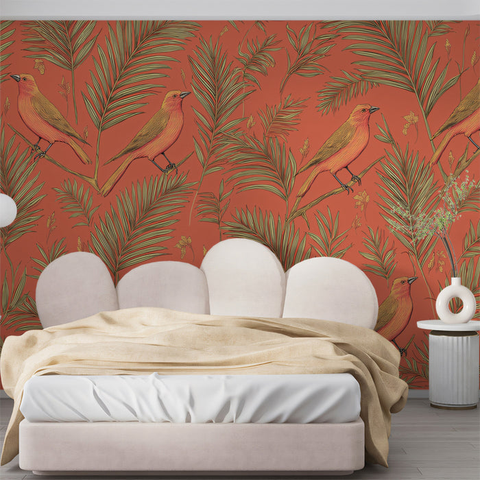 Classic Tropical Birds Mural Wallpaper | Warm Coral & Green Print
