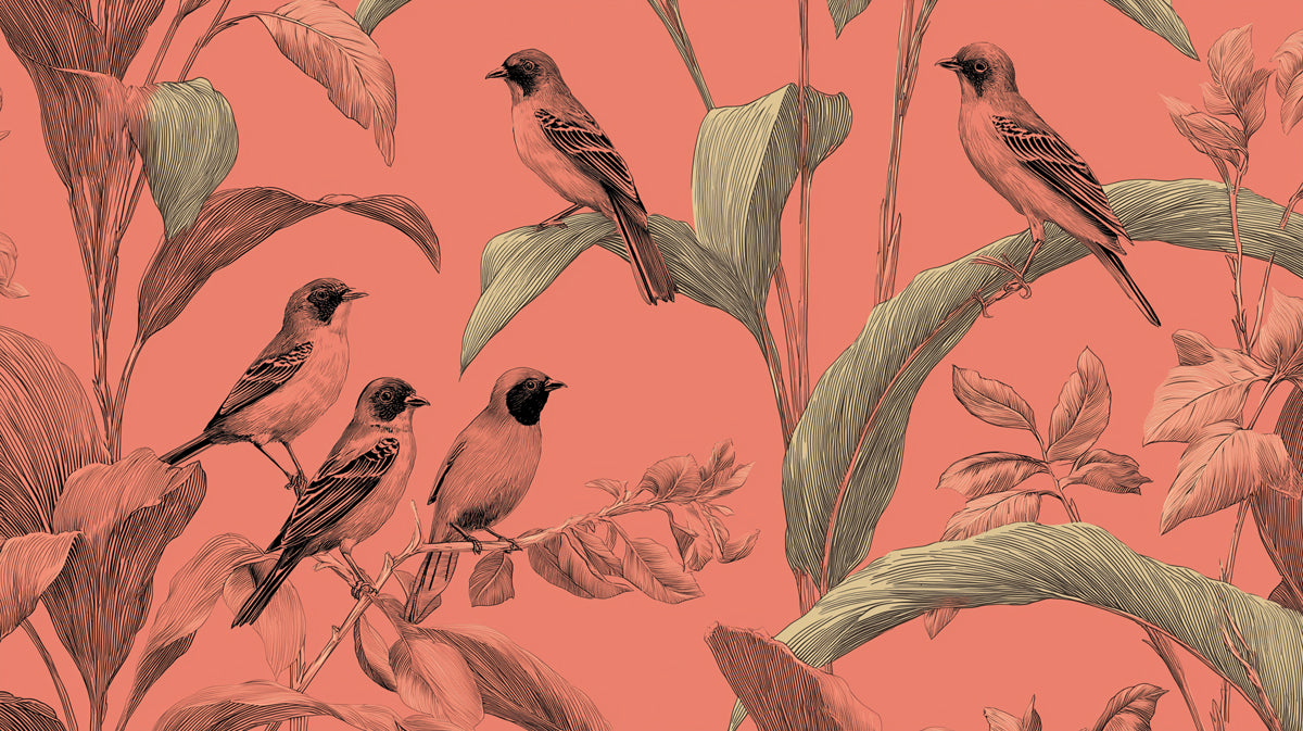 Classic Tropical Birds Mural Wallpaper | Warm Coral & Green Print