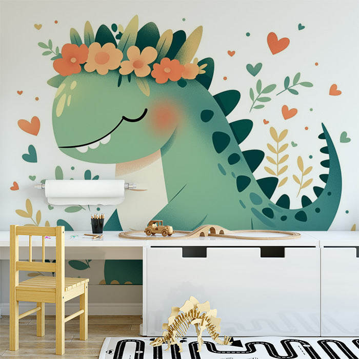 Dinosaur with Flower Crown Mural Wallpaper in Bedroom | Green, Orange, and Various Pastel Colors of Dinosaur