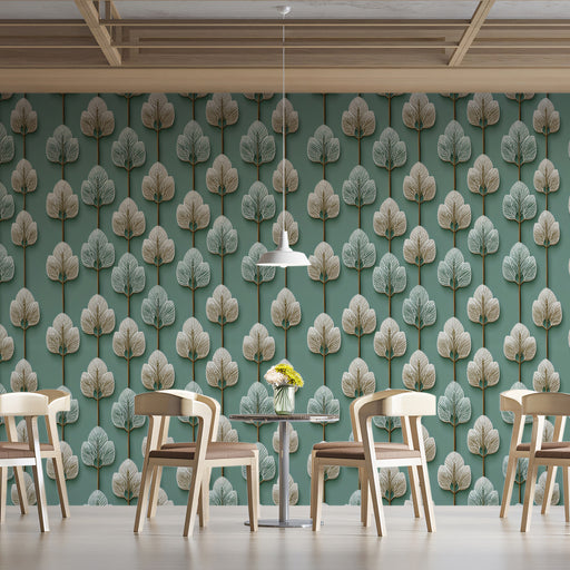 Dining area with chairs and a table against a wall with tree-patterned wallpaper.