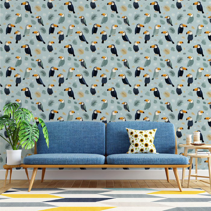 Carta da parati murale con motivo di tucani capricciosi | Uccelli tropicali moderni