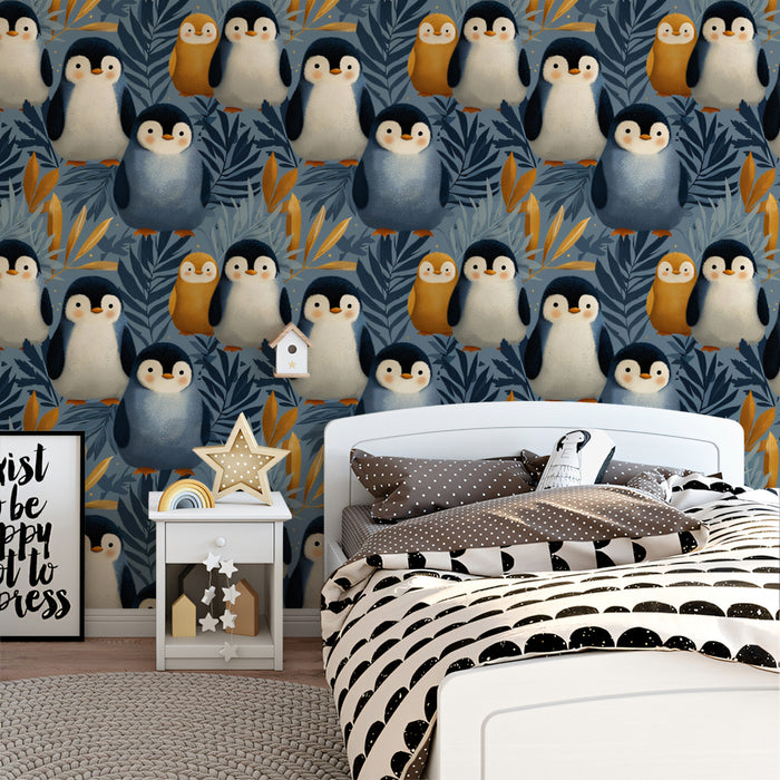Adorable Penguin Family Mural Wallpaper | Cute Kids Room Pattern