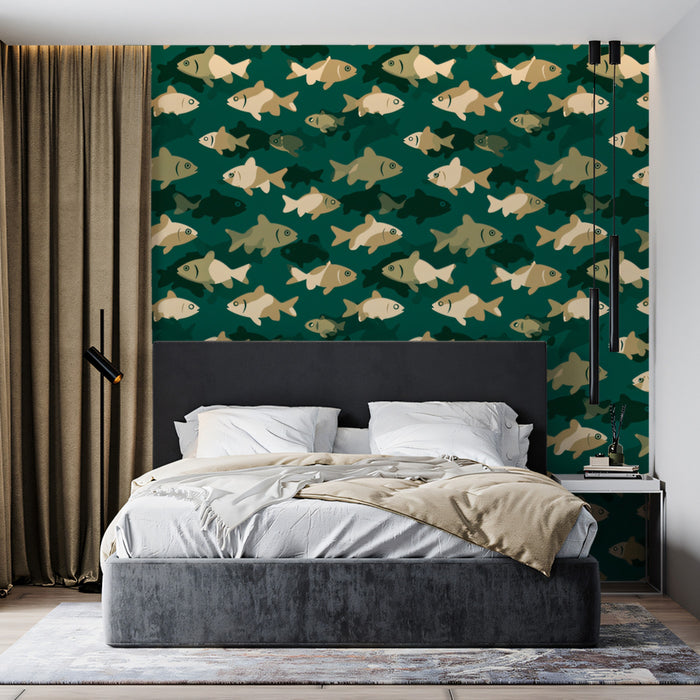 Modern Fish Pattern Mural Wallpaper | Graphic Teal Sea Life Print